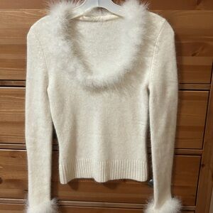 Chic Cream Feathery Trim Turtleneck Sweater